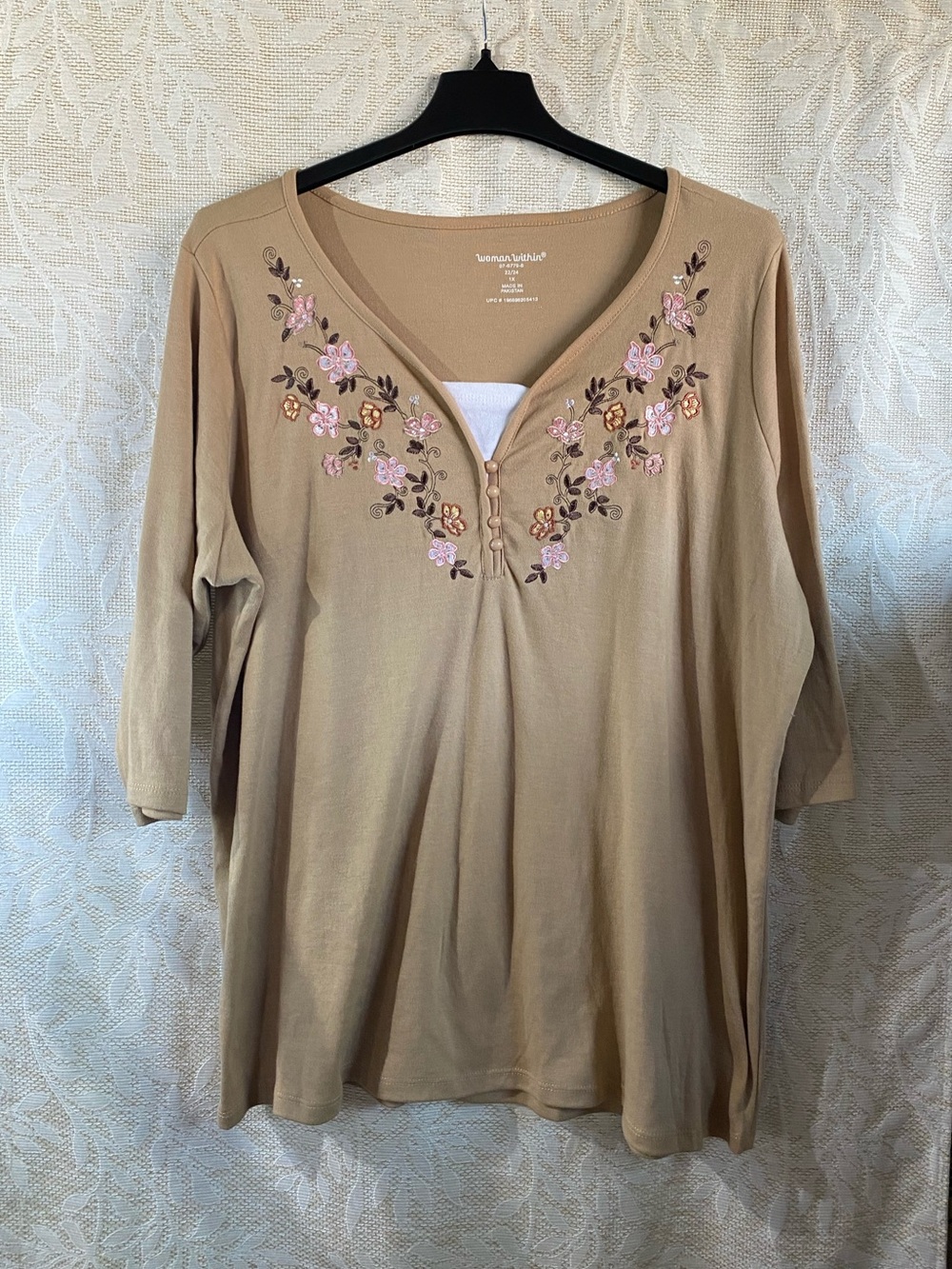 Woman Within Camel V-Neck Embroidered Long Sleeve Top
